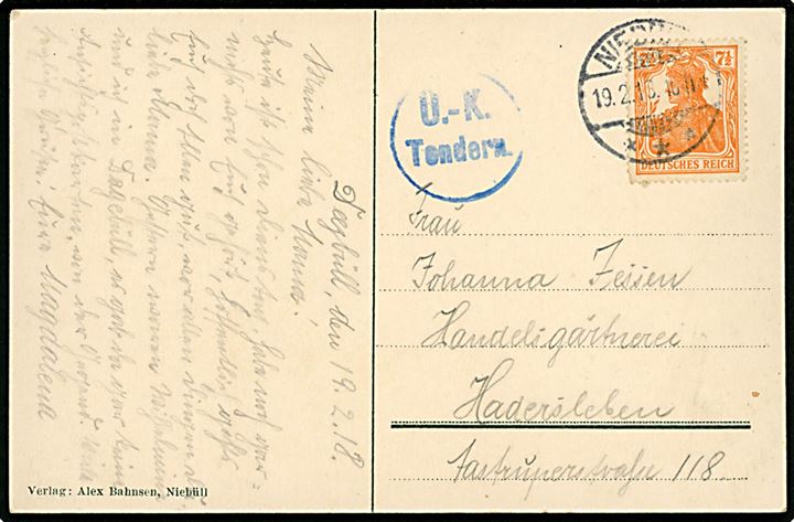7½ pfg. Germania på brevkort fra Deezbüll stemplet Niebüll d. 19.2.1918 til Haderslev. Blåt censurstempel: Ü.-K. Tondern.