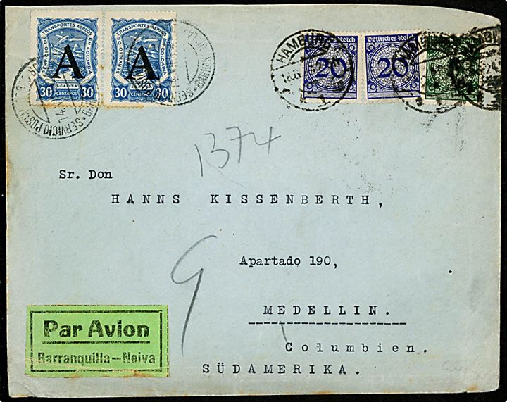 Tysk 5 pfg. og 20 pfg. (2) Rente-pfg. udg. med POKO Perfin og tydelig afskæring på luftpostbrev fra firma Hugo Stinnes i Hamburg d. 18.6.1924  med 30 cts. A (= Alemania) SCADTA konsulat provisorium for Tyskland i parstykke annulleret i Barranquilla d. 14.7.1924 til Medellin, Colombia. Luftpostbefordret internt i Colombia med grøn luftpostetiket: Barranquilla - Neiva. God kombination.