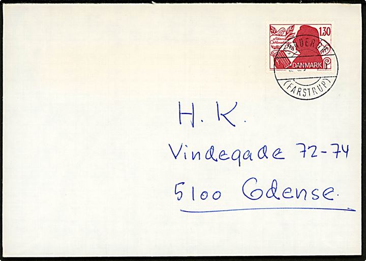 1,30 kr. Oehlenschläger på brev annulleret med parentes stempel Søndersø (Farstrup) d. 3.3.1980 til Odense.