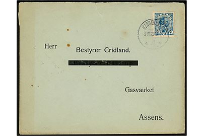 20 øre Chr. X med perfin D.G. på firmakuvert fra Det danske Gaskompagnis Ingeniørkontor i Kjøbenhavn d. 1.10.1920 til Gasværket i Assens.