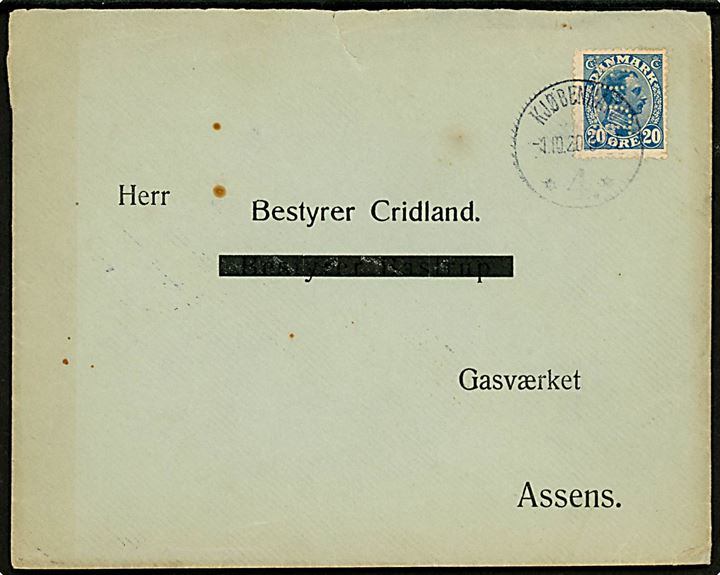 20 øre Chr. X med perfin D.G. på firmakuvert fra Det danske Gaskompagnis Ingeniørkontor i Kjøbenhavn d. 1.10.1920 til Gasværket i Assens.