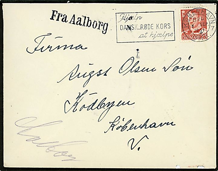 25 øre Fr. IX på brev annulleret København d. 8.9.1951 og sidestemplet Fra Aalborg til Kødbyen, København.
