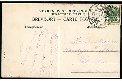 5 øre Fr. VIII på brevkort (Gramrode Grovvare Forretning) annulleret med stjernestempel RAARUP og sidestemplet bureau Horsens - Juelsminde T.3 d. 27.5.1907 til Hedensted.