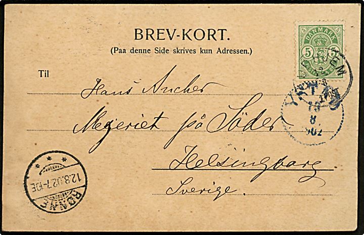 5 øre Våben på brevkort (Hotel Helligdommen) annulleret med lapidar Gudhjem d. 12.8.1902 via Rønne og Ystad til Helsingborg, Sverige. Interessant post med transit stempel i Ystad.