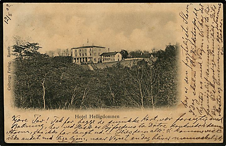 5 øre Våben på brevkort (Hotel Helligdommen) annulleret med lapidar Gudhjem d. 12.8.1902 via Rønne og Ystad til Helsingborg, Sverige. Interessant post med transit stempel i Ystad.