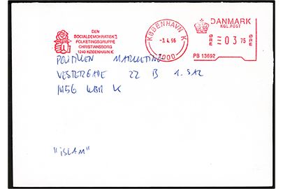 3,75 kr. firmafranko Den Socialdemokratiske Folketingsgruppe Christiansborg på brev fra Klaus Hækkerup i København d. 3.4.1996 til Politiken, København.