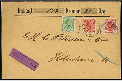 5 øre og 10 øre (2) Chr. X på værdibrev fra Nimtofte d. 6.4.1914 til København. Blanco-værdietiket med liniestempel Nimtofte.