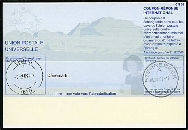 International Svarkupon CN 01 stemplet hhv. dansk Lemvig 7620 sn1 d. 9.2.2006 og belgisk Sterrebeek 1933 d. 4.4.2007.