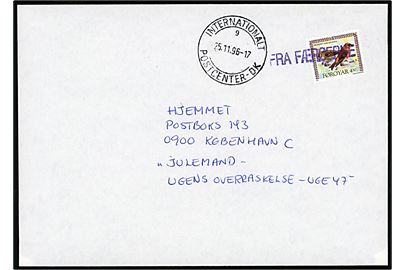 4,50 kr. Krossnev på skibsbrev annulleret med violet liniestempel FRA FÆRØERNE og sidestemplet Internationalt Postcenter-DK sn9 d. 25.11.1996 til København.