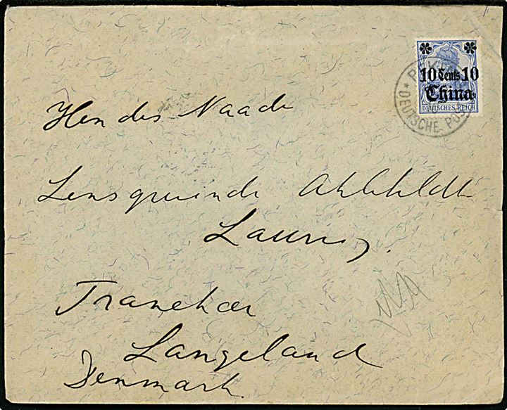 10 cents 10 China/20 pfg. Provisorium på brev annulleret Peking Deutsche Post d. 16.9.1910 til lensgrevinde Ahlefeldt-Laurvig, Tranekær på Langeland, Danmark. Antagelig fra den danske ambassadør i Kina & Japan, Preben Ferdinand greve Ahlefeldt-Laurvig.