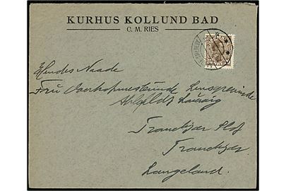 20 øre Chr. X på fortrykt kuvert fra Kurhus Kollund Bad annulleret med brotype IIb Nørre Smedeby d. 24.7.1922 til Tranekær Slot på Langeland.