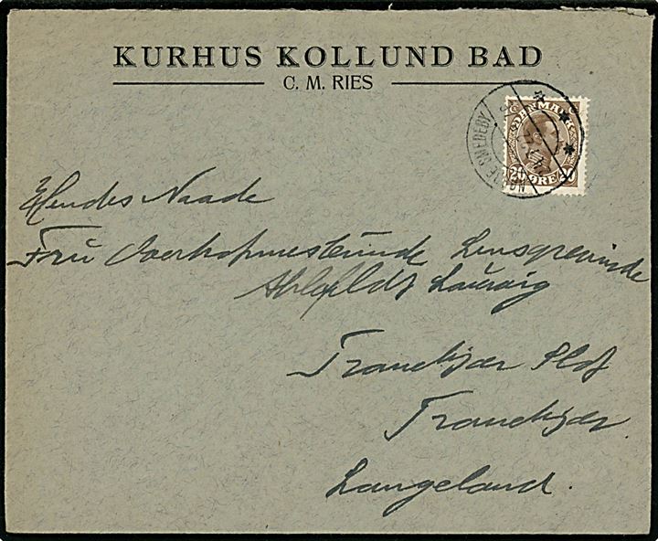 20 øre Chr. X på fortrykt kuvert fra Kurhus Kollund Bad annulleret med brotype IIb Nørre Smedeby d. 24.7.1922 til Tranekær Slot på Langeland.