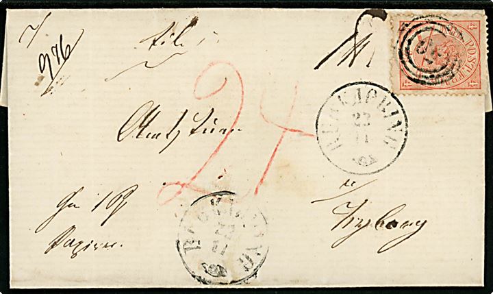 4 sk. Krone/Scepter på delvist frankeret pakkefølgebrev for pakke med papirer annulleret med nr.stempel 59 og sidestemplet antiqua Rudkjøbing d. 22.11.186x til Nyborg. Påskrevet 24 sk. porto.