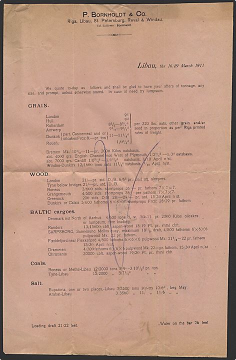 2 øre Bølgelinie i parstykke på tryksag (Markedsberetning fra Libau d. 29.3.1911) annulleret Kjøbenhavn *III.* d. 3.4.1911 til Esbjerg.