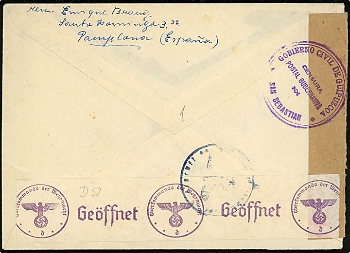 70 cts. Isabel single på brev fra Pamplona d. 14.10.1942 til Frankfurt, Tyskland. Åbnet af spansk censur i San Sebastian og tysk censur i München.