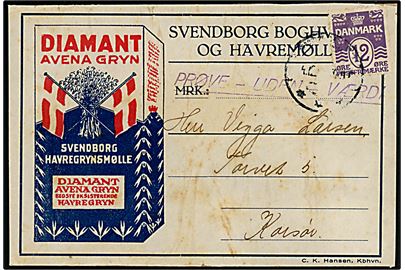 12 øre Bølgelinie på adresseseddel på klip fra Svendborg Boghvede og Havremølle mærket Prøve - uden værdi stemplet Svendborg d. 4.12.(ca. 1926) til Korsør.