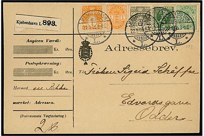 1 øre, 5 øre Våben, 1 øre og 3 øre Bølgelinie og 5 øre Chr. IX på 15 øre frankeret adressebrev for pakke fra Kjøbenhavn L. d. 22.9.1906 til Odder.