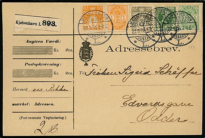 1 øre, 5 øre Våben, 1 øre og 3 øre Bølgelinie og 5 øre Chr. IX på 15 øre frankeret adressebrev for pakke fra Kjøbenhavn L. d. 22.9.1906 til Odder.