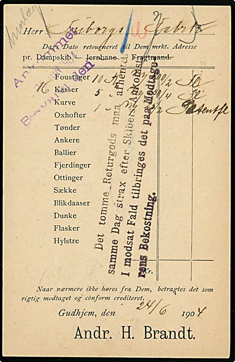 5 øre Våben på adviskort for returgods sendt pr. dampskib fra Gudhjem d. 24.6.1904 og annulleret Kjøbenhavn d. 25.6.1904 til Tuborgs Fabrikker i Hellerup.