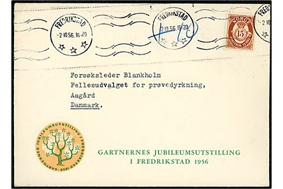 15 øre Posthorn single på illustreret kuvert fra Gartnernes Jubileumsutstilling fra Frederiksted d. 2.10.1956 til Aagaard, Danmark. Indeholder indbydelse til deltagelse i udstillingens åbning. Underfrankeret og påtegnet +10, men ikke udtakseret i dansk porto.