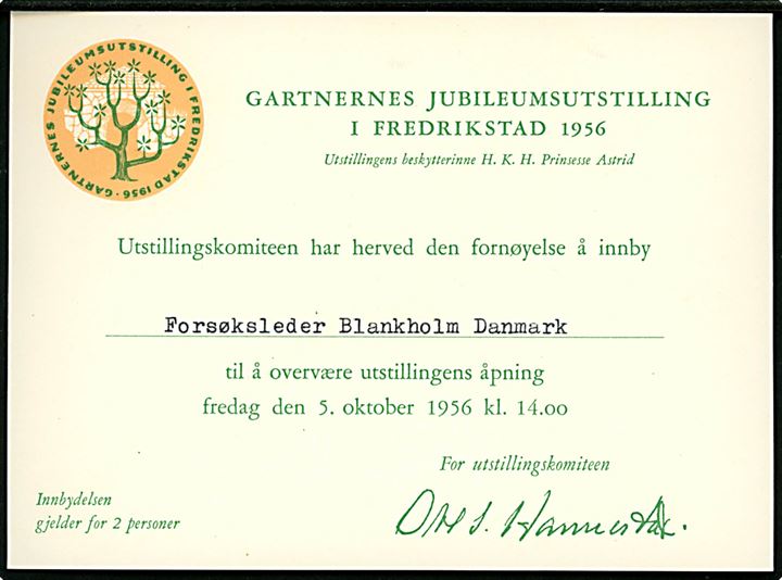 15 øre Posthorn single på illustreret kuvert fra Gartnernes Jubileumsutstilling fra Frederiksted d. 2.10.1956 til Aagaard, Danmark. Indeholder indbydelse til deltagelse i udstillingens åbning. Underfrankeret og påtegnet +10, men ikke udtakseret i dansk porto.