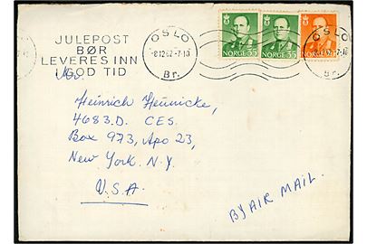 35 øre (2) og 90 øre Olav på luftpostbrev fra Oslo d. 8.12.1962 til dansk arbejder på Thulebasen på Grønland via amerikansk feltpostadresse: APO 23, New York N. Y., USA.