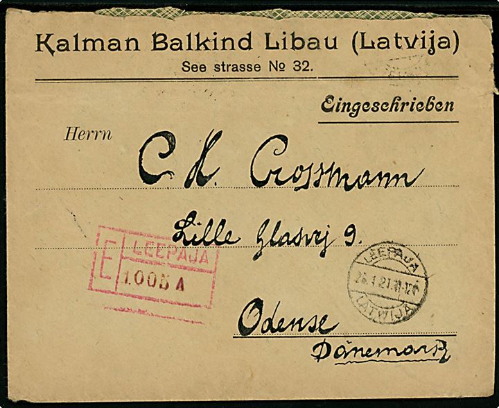 Blandingsfrankeret anbefalet brev fra Leepaja (Libau) d. 26.1.1921 til Odense, Danmark.