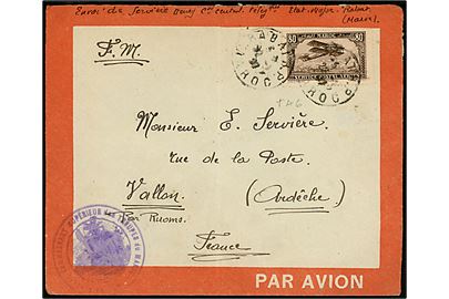 80 f. Luftpost single på særlig illustreret luftpostkuvert fra Rabat d. 22.?.1937 til Vallon, Frankrig. Violet militær afs.-stempel fra den øverstkommanderende over de franske tropper i Marokko.