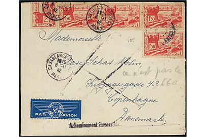 1,50 fr. (5) på luftpostbrev fra Casablanca d. 8.11.1942 til København, Danmark. Returneret med stempel Acheminement impossible da postforbindelsen er indstillet. Et mærke ombøjet.