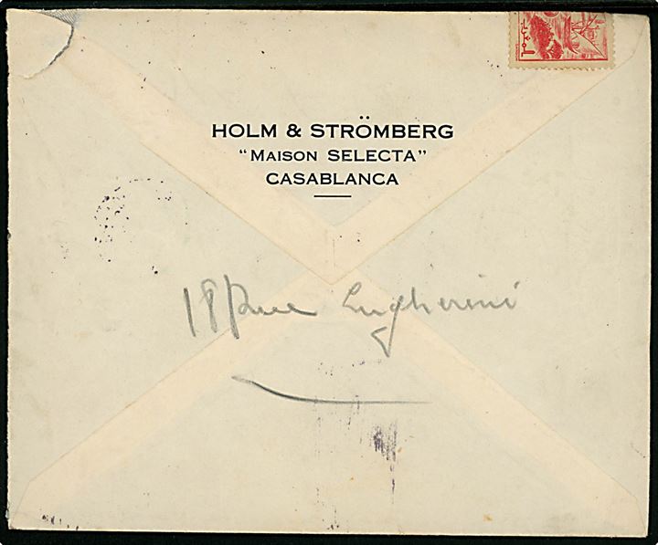 1,50 fr. (5) på luftpostbrev fra Casablanca d. 8.11.1942 til København, Danmark. Returneret med stempel Acheminement impossible da postforbindelsen er indstillet. Et mærke ombøjet.