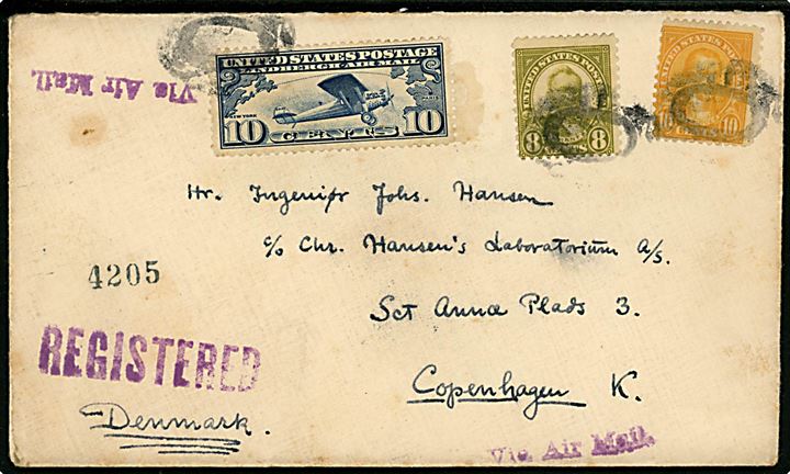 8 c. Grant, 10 c. Monroe og 10 c. Lindbergh på anbefalet indenrigs luftpostbrev fra Milwaukee d. 4.2.1928 via New York til firma Chr. Hansen i København, Danmark.