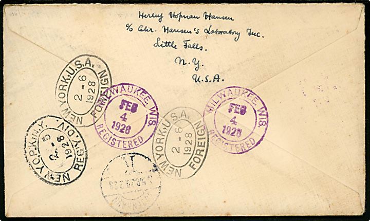 8 c. Grant, 10 c. Monroe og 10 c. Lindbergh på anbefalet indenrigs luftpostbrev fra Milwaukee d. 4.2.1928 via New York til firma Chr. Hansen i København, Danmark.