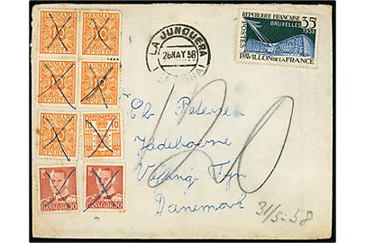 Fransk 35 fr. Bruxelles Udstilling anvendt på brev sendt fra La Jonquera i Nordspanien d. 26.5.1958 til Veflinge, Danmark. Udtakseret i 120 øre porto med 10 øre Portomærke (5), 10 øre Gebyr og 30 øre Fr. IX (2) annulleret med blækkryds. Lidt nusset med mindre fejl.