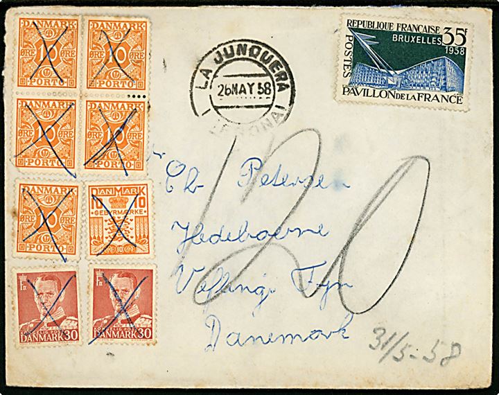 Fransk 35 fr. Bruxelles Udstilling anvendt på brev sendt fra La Jonquera i Nordspanien d. 26.5.1958 til Veflinge, Danmark. Udtakseret i 120 øre porto med 10 øre Portomærke (5), 10 øre Gebyr og 30 øre Fr. IX (2) annulleret med blækkryds. Lidt nusset med mindre fejl.