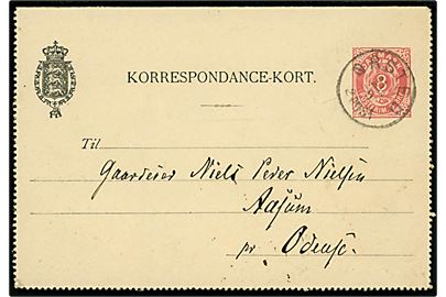 8 øre helsags korrespondancekort annulleret med lapidar Ørsted d. 21.9.1891 til Aasum pr. Odense. 