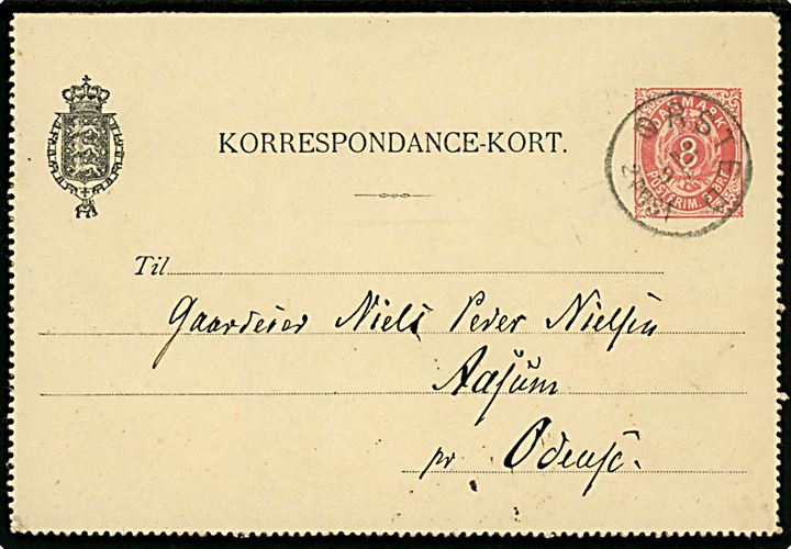 8 øre helsags korrespondancekort annulleret med lapidar Ørsted d. 21.9.1891 til Aasum pr. Odense. 