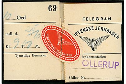 Sydfyenske Jernbaner Telegramformular - Form. 13 29117 - med meddelelse fra Landet modtaget i Ollerup d. 25.10.1946 til Ollerup. Lukket med papiroblat fra Sydfyenske Jernbaner