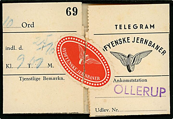 Sydfyenske Jernbaner Telegramformular - Form. 13 29117 - med meddelelse fra Landet modtaget i Ollerup d. 25.10.1946 til Ollerup. Lukket med papiroblat fra Sydfyenske Jernbaner