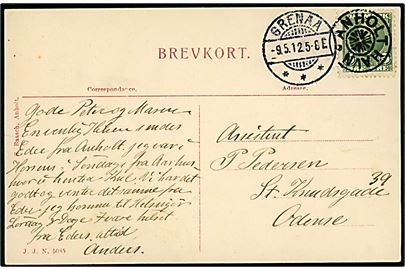 5 øre Fr. VIII på brevkort (Anholt Vesterstrand) annulleret med stjernestempel ANHOLT HAVN og sidestemplet Grenaa d. 9.5.1912 til Odense.