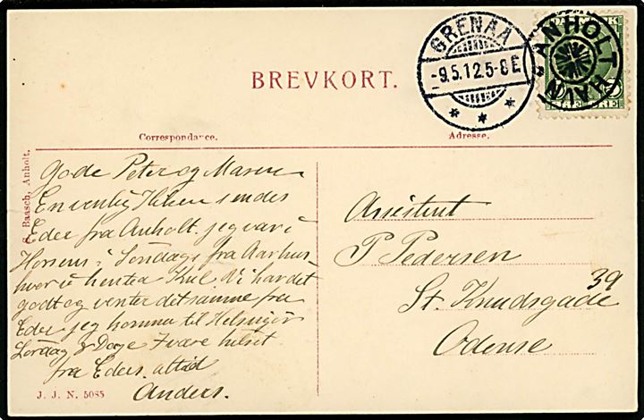 5 øre Fr. VIII på brevkort (Anholt Vesterstrand) annulleret med stjernestempel ANHOLT HAVN og sidestemplet Grenaa d. 9.5.1912 til Odense.