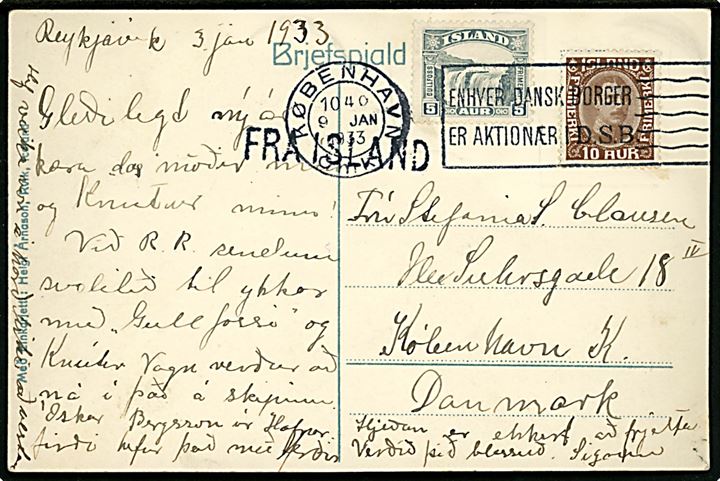 5 aur Gullfoss og 10 aur Chr. X på brevkort fra Reykjavik annulleret med dansk TMS i København d. 9.1.1933 og sidestemplet Fra Island til København, Danmark.