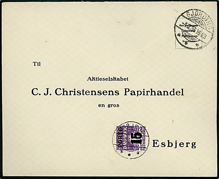 Ufrankeret svarkuvert med brotype Ic Gjørding d. 4.12.1936 til Esbjerg. Udtakseret i enkeltporto med 15/12 øre porto-provisorium stemplet Esbjerg d. 5.12.1936.