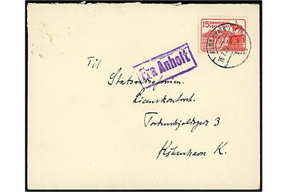 15 øre Regentjubilæum på skibsbrev annulleret København d. 16.7.1937 og sidestemplet violet Fra Anholt til København.