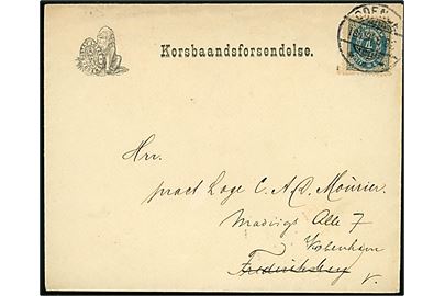 4 øre Tofarvet på illustreret kuvert fra firma Gustav Lotze mærket Korsbaandsforsendelse fra Odense d. 18.10.1897 til Frederiksberg - eftersendt til Kjøbenhavn V.