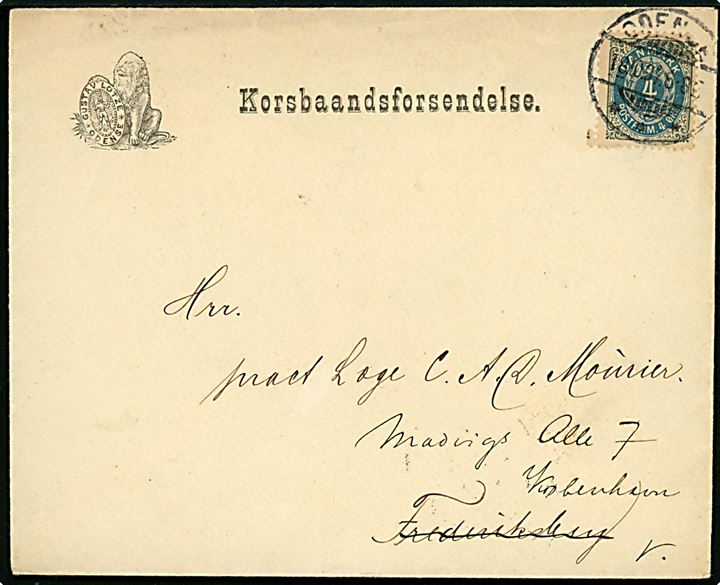 4 øre Tofarvet på illustreret kuvert fra firma Gustav Lotze mærket Korsbaandsforsendelse fra Odense d. 18.10.1897 til Frederiksberg - eftersendt til Kjøbenhavn V.