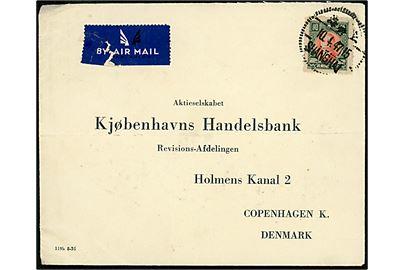 $5000 Sun Yatsen single på luftpostbrev fra Shanghai d. 10.4.1947 til København, Danmark.