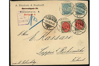 8 øre Tofarvet (2) og 20 øre Våben (2) på 56 øre frankeret 2. vægtkl. anbefalet brev fra Kjøbenhavn d. 5.5.1895 til Lappis pr. Riihimäki, Finland. Påskrevet via St. Petersburg. Rift i overkanten.