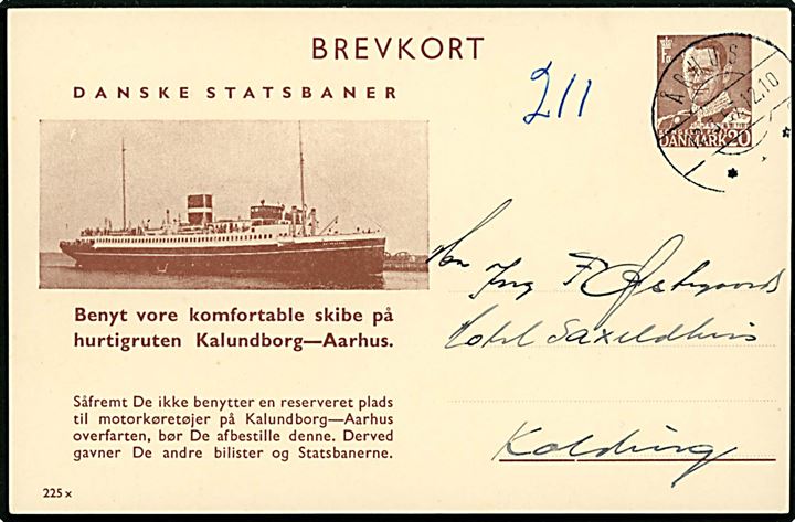 Danske Statsbaner 20 øre Fr. IX helsagsbrevkort (fabr. 225x) med Aarhus-Kalundborg færgen stemplet Århus d. 12.3.1957 til Kolding.