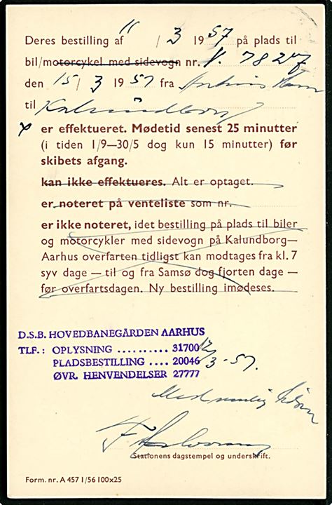 Danske Statsbaner 20 øre Fr. IX helsagsbrevkort (fabr. 225x) med Aarhus-Kalundborg færgen stemplet Århus d. 12.3.1957 til Kolding.