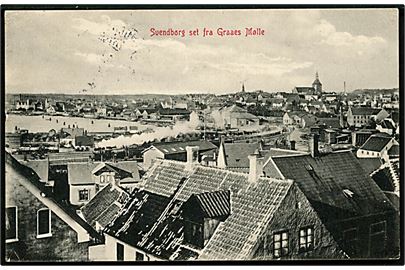 Svendborg. Set fra Graaes Mølle med banegården, samt Lokomotiv i fuld damp. W.K.F. no. 951. Med 5 øre Fr. VIII, annulleret med stjernestempel LANDET, til Guldborg, Lolland. 